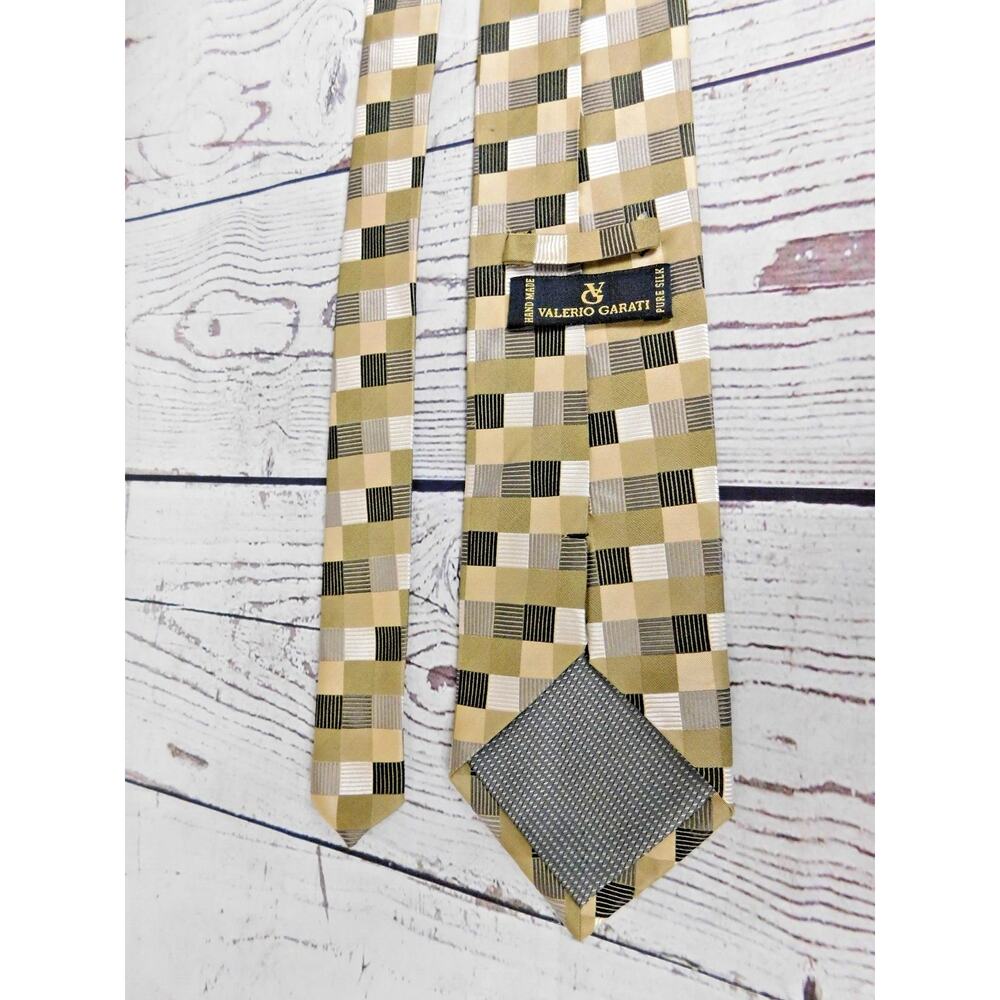 Valerio Garati Men’s Tie Gold Gray Geometric Stripe Hand Made 100% Silk 58" X 4"